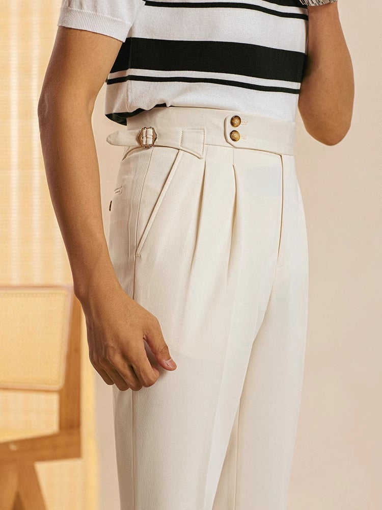 High-Waist Pleated Trousers, Side Adjusters – Men – Cream – waistband detail