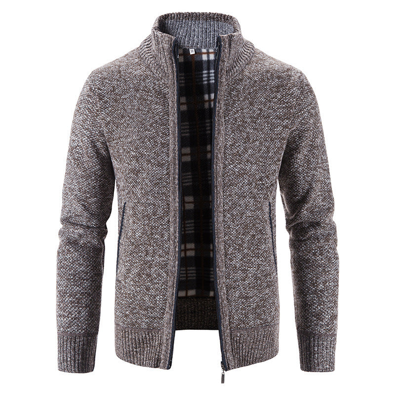 Check-Lined Marled Knit Zip Cardigan – Men – Brown – front