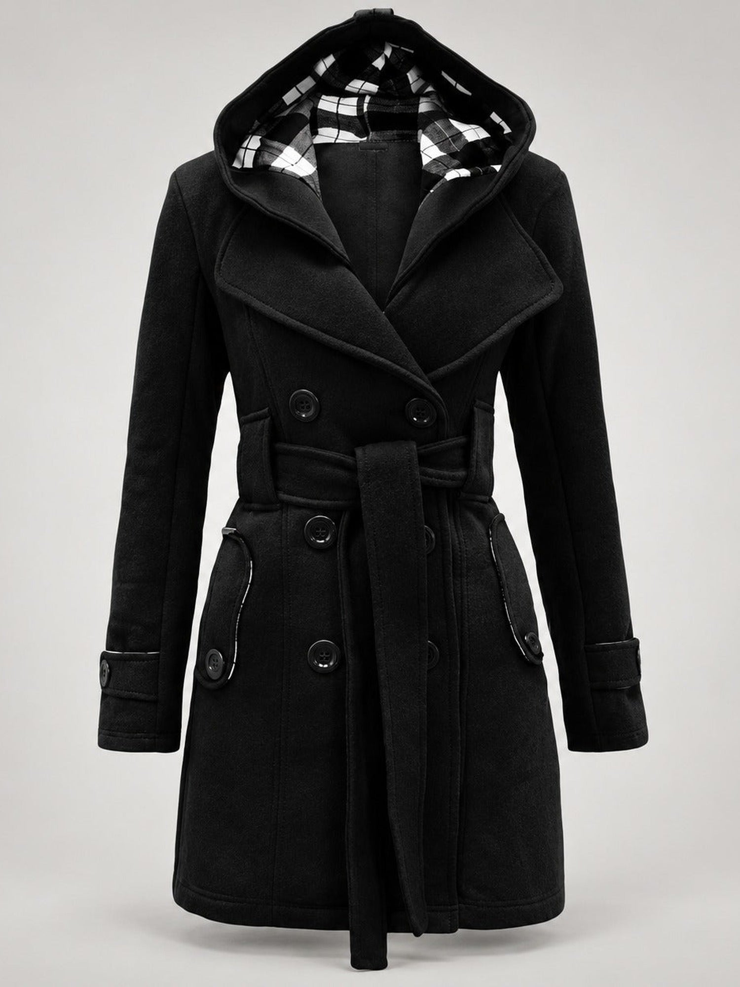 90–95% Polyester Belted Coat, Check-Lined Hood – Women – studio
