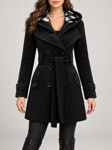 90–95% Polyester Belted Coat, Check-Lined Hood – Women – Black – worn