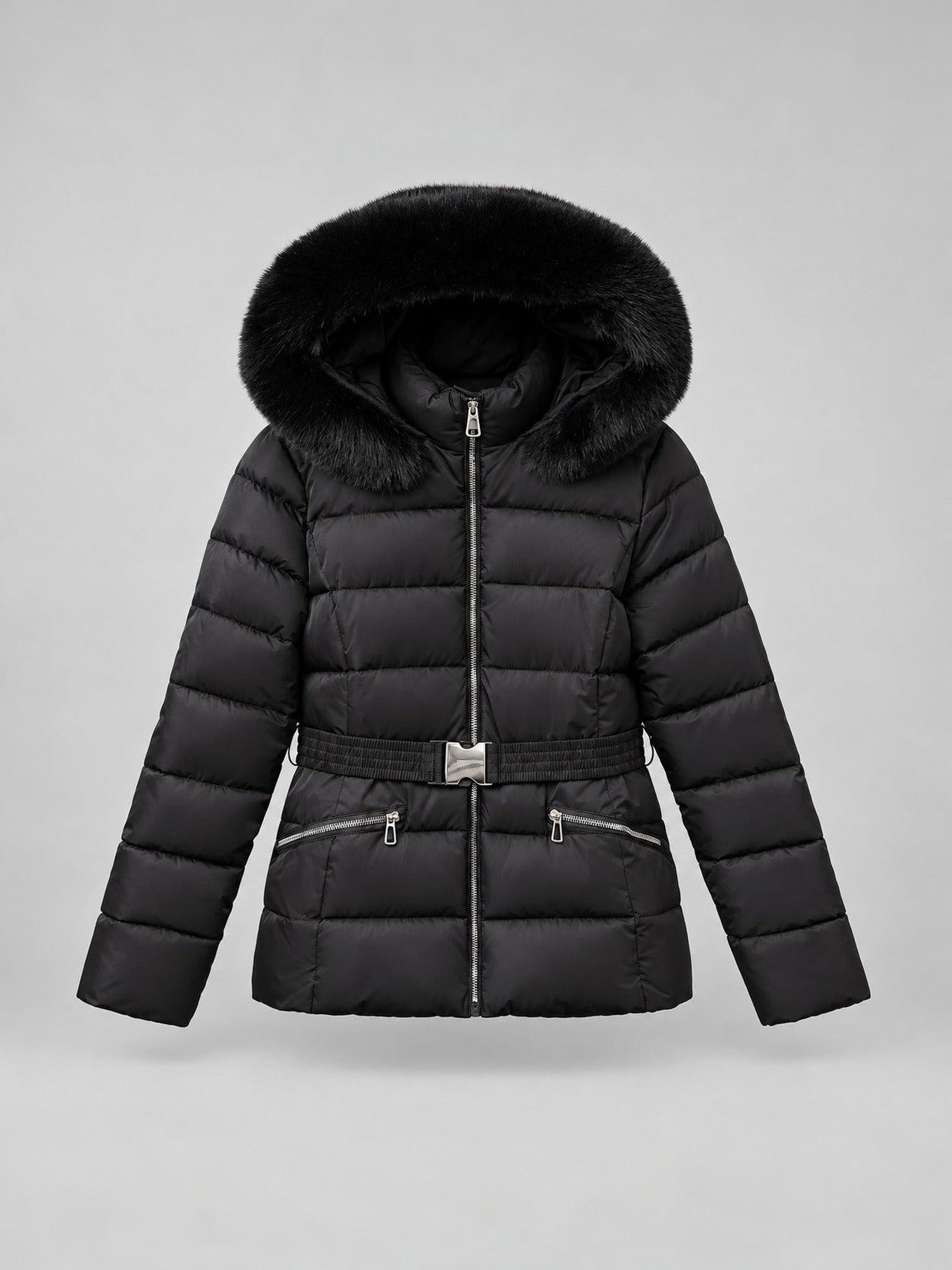Belted Puffer Jacket, Faux-Fur Hood – Women – studio