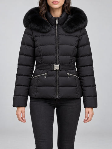 Belted Puffer Jacket, Faux-Fur Hood – Women – Black – worn
