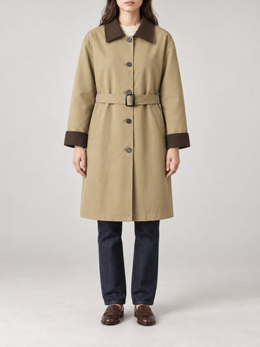 Belted Trench Coat, Contrast Collar – Women – Beige – worn