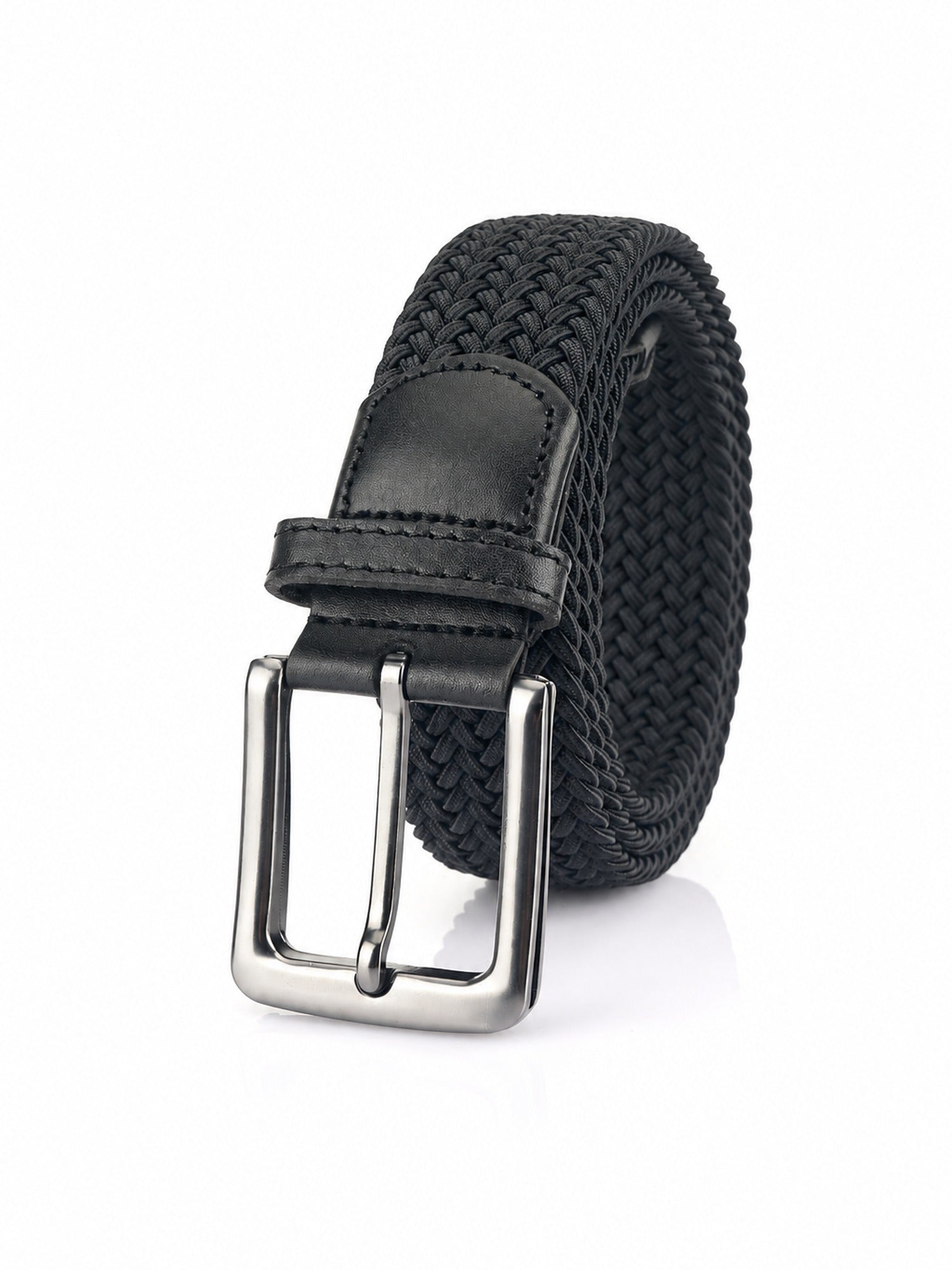 Braided Stretch Belt, Pin Buckle – Men – Black – front