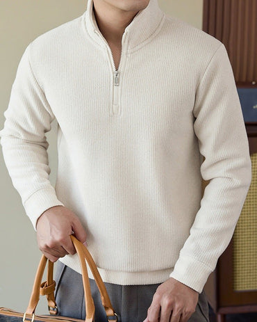 Brushed Knit Half-Zip Sweater, Stand Collar – Men – Cream – worn