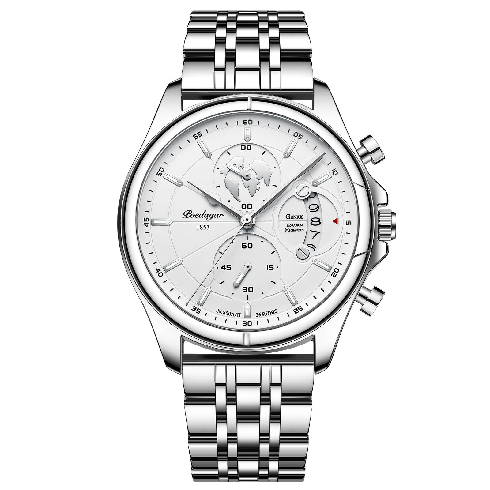 Chronograph Watch, Sapphire Glass, Leather or Steel – Men – Silver · White Dial · Steel Bracelet – front