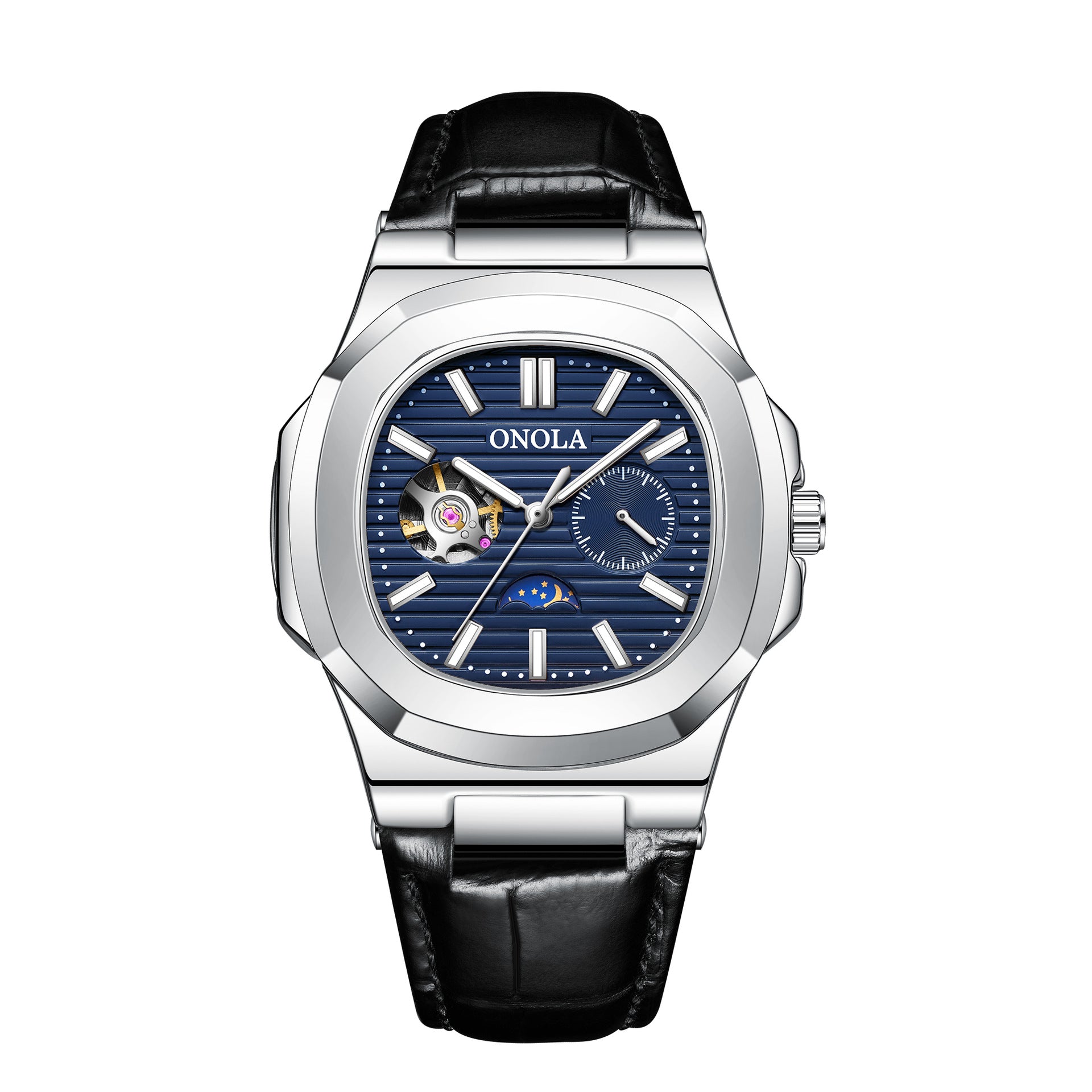 Open-Heart Mechanical Watch, Sun & Moon Dial – Men – Silver · Blue Dial · Black Leather – front
