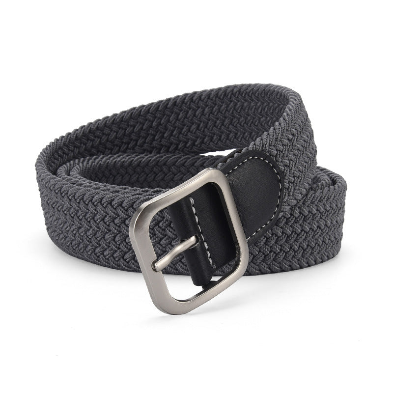 Woven Stretch Belt with Leather-Look Tab – Men – Grey · Black Tab – front