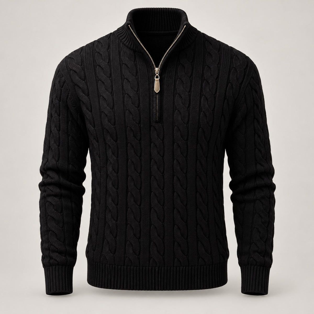Cable Knit Quarter-Zip Sweater, Stand Collar – Men – Black – front