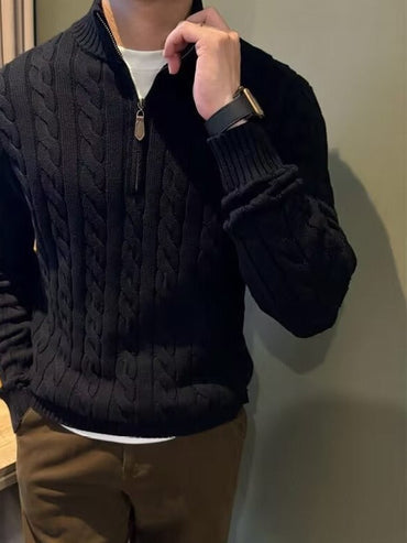 Cable Knit Quarter-Zip Sweater, Stand Collar – Men – Black – worn
