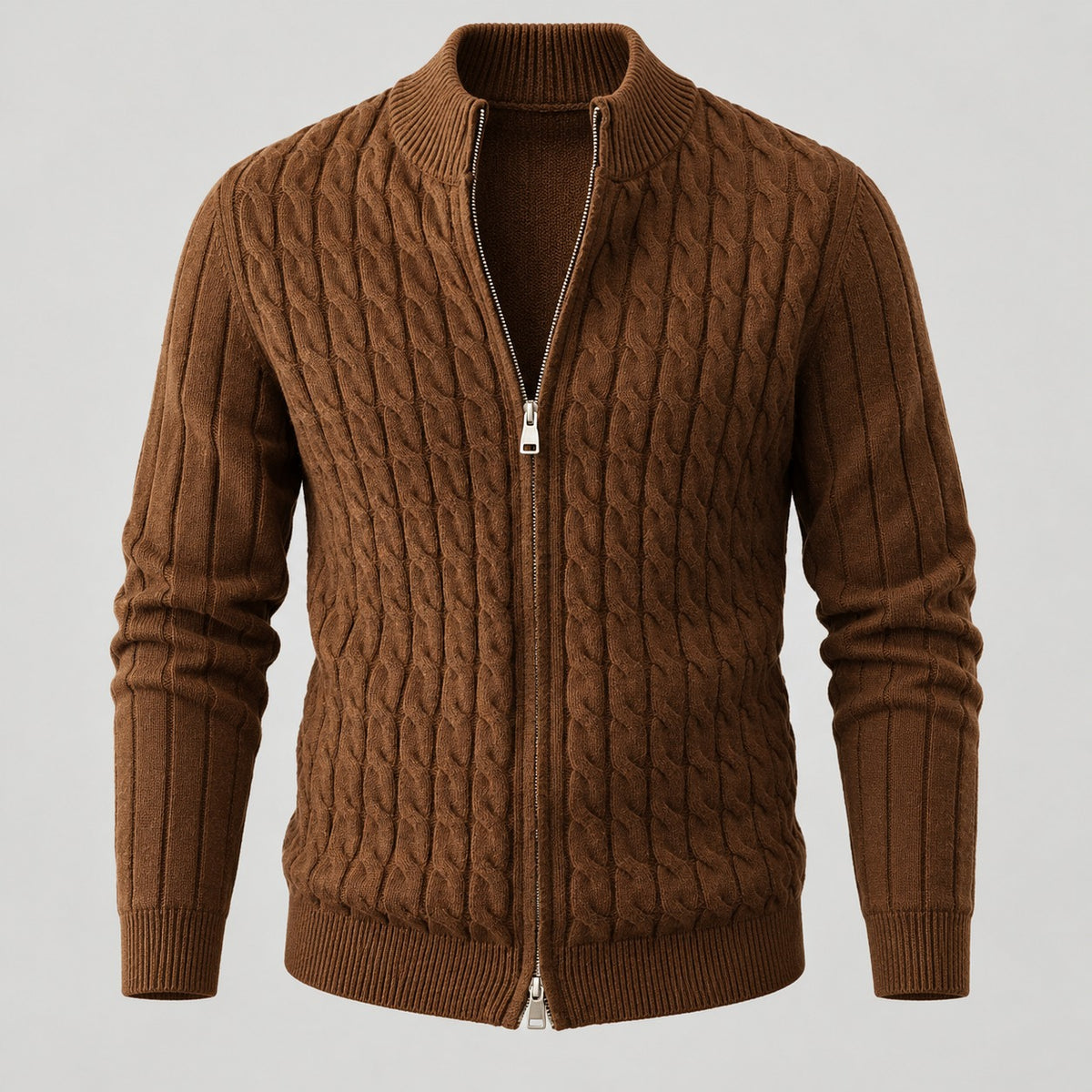 Cable Knit Zip Cardigan, Ribbed Stand Collar – Men – Brown – worn