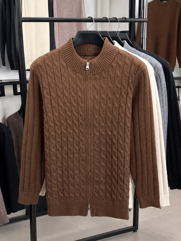 Cable Knit Zip Cardigan, Ribbed Stand Collar – Men – Brown – front