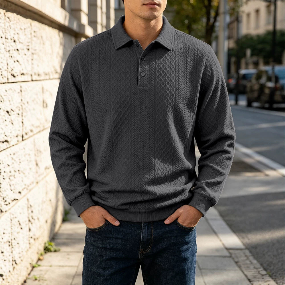Diamond Jacquard Knit Polo, Long Sleeve – Men – Charcoal – worn