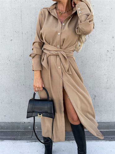 Belted Midi Shirt Dress with Side Slit – Women – Camel – worn