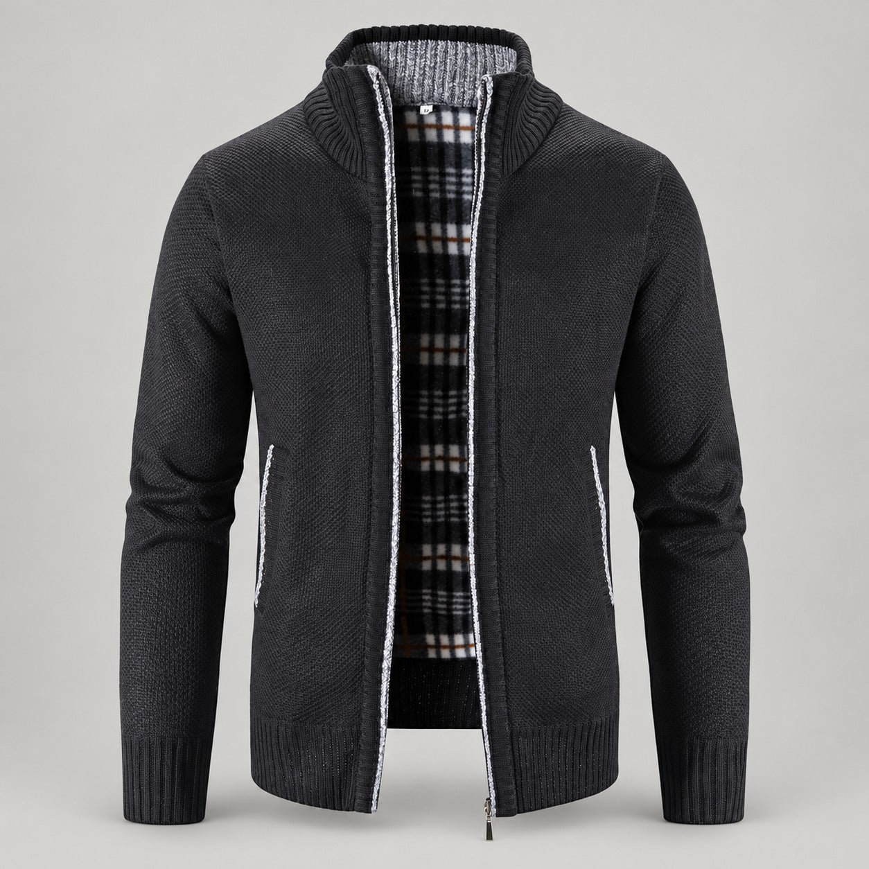 Check-Lined Marled Knit Zip Cardigan – Men – Black – front