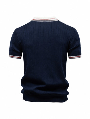 100% Cotton Ribbed Knit Polo, Open Collar – Men – Navy – back