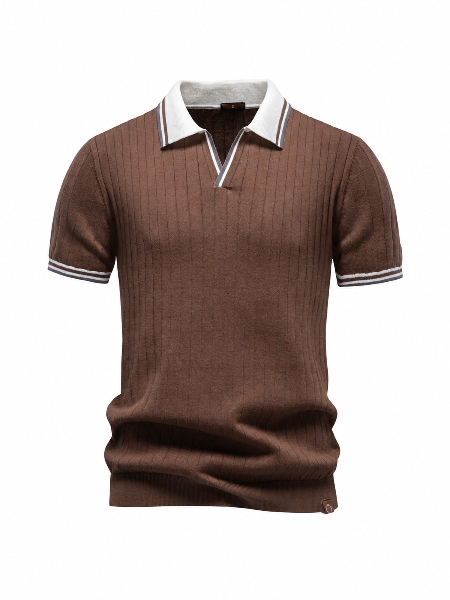 100% Cotton Ribbed Knit Polo, Open Collar – Men – Brown – front
