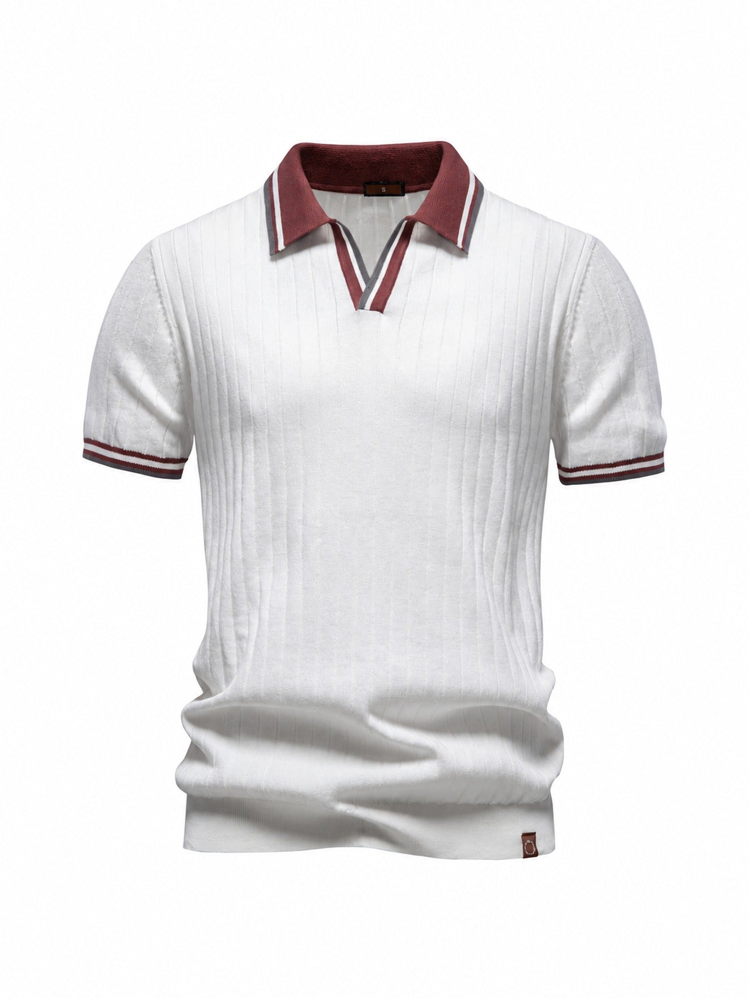 100% Cotton Ribbed Knit Polo, Open Collar – Men – White – front