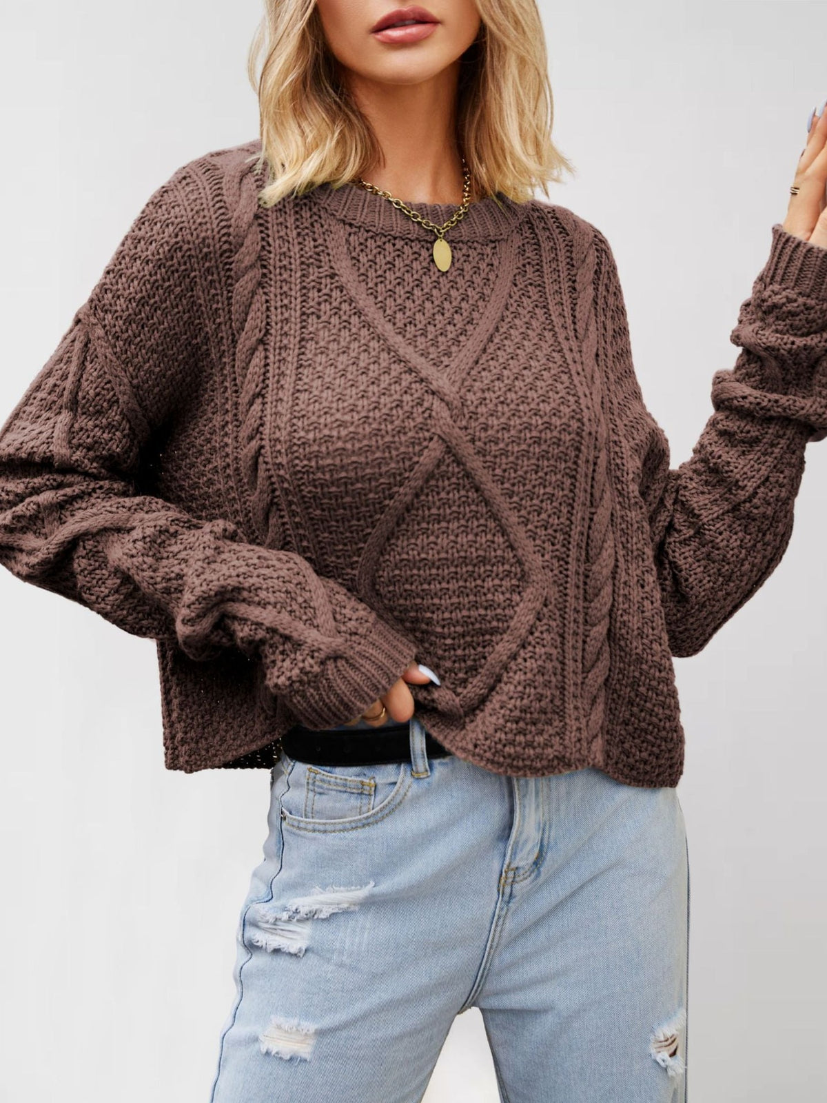 100% Acrylic Cropped Cable-Knit Sweater – Women – Brown – worn