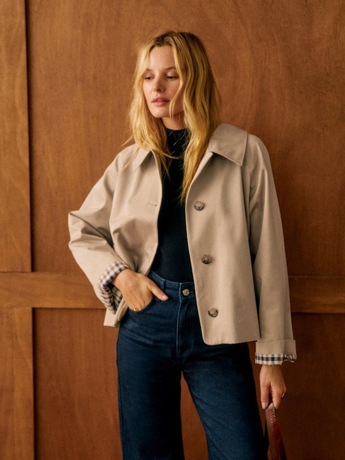 100% Polyester Cropped Swing Jacket – Women – Beige – worn