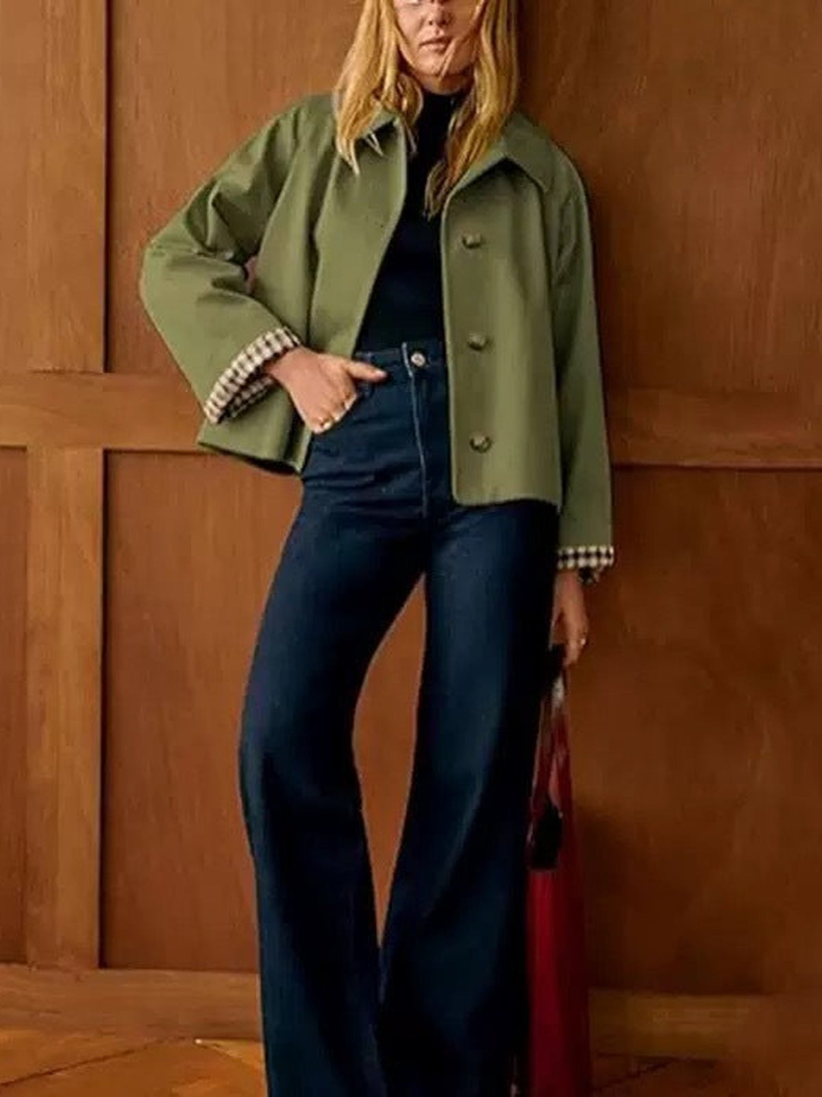 100% Polyester Cropped Swing Jacket – Women – Olive – worn
