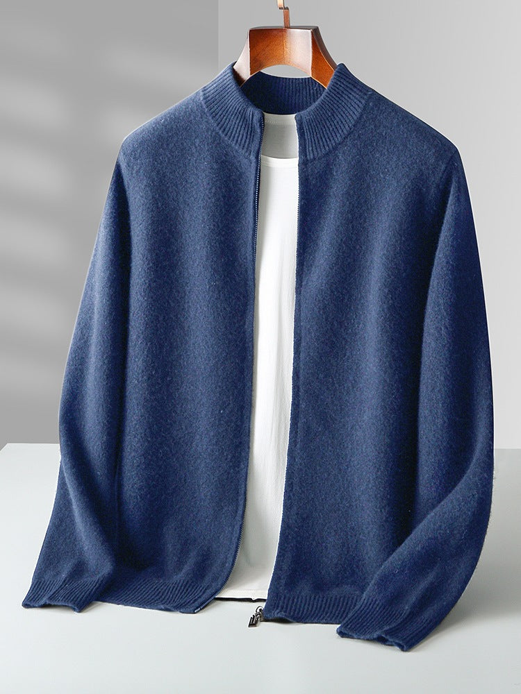 Full-Zip Knit Cardigan, Stand Collar – Men – Navy – front