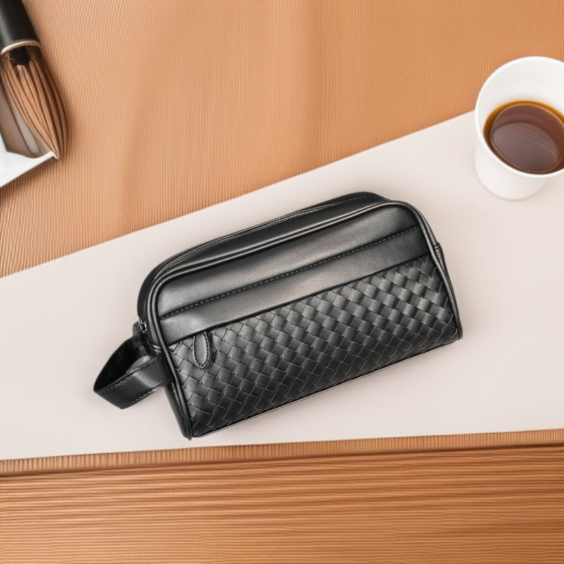 Woven Leather-Look Zip Pouch, Wrist Strap – Men – Black – lifestyle