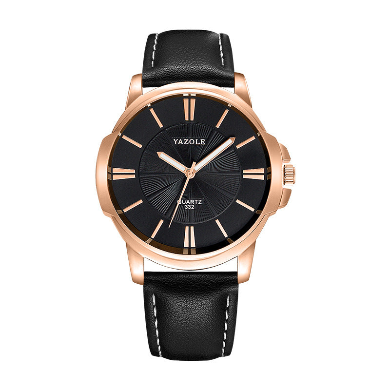Minimalist Dress Watch, Leather Strap – Men – Gold · Black Dial · Black Strap – front