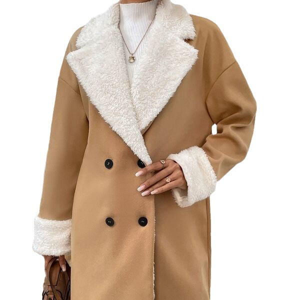 Double-Breasted Coat with Teddy Collar – Women – Camel – front
