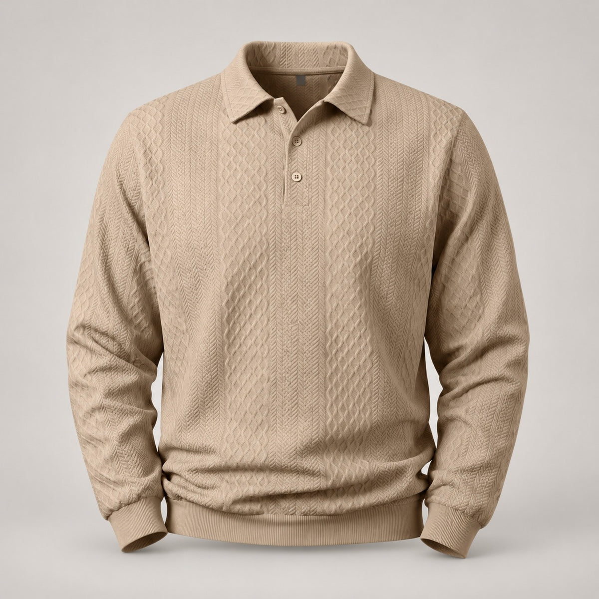 Diamond Jacquard Knit Polo, Long Sleeve – Men – Beige – front