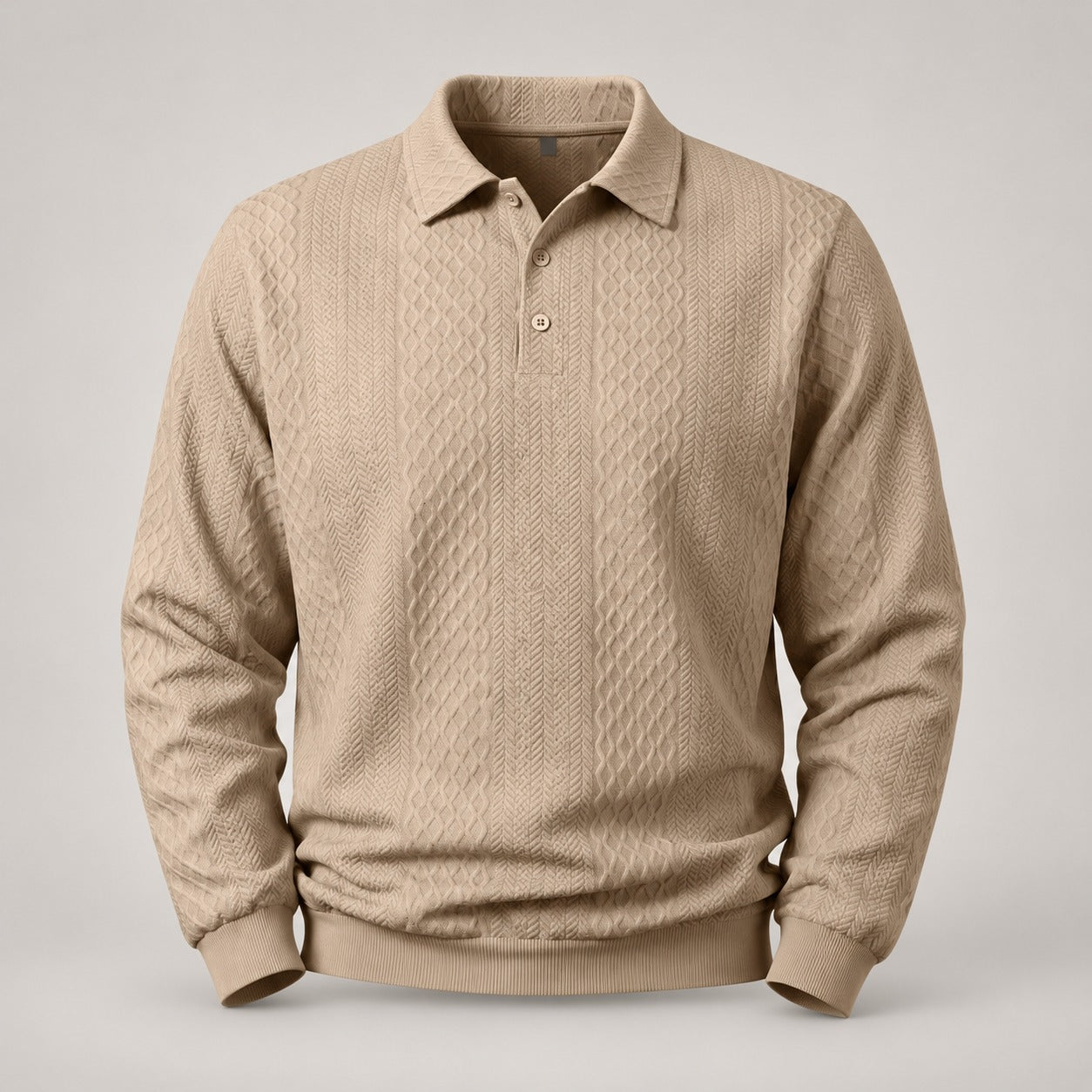 Diamond Jacquard Knit Polo, Long Sleeve – Men – Beige – front