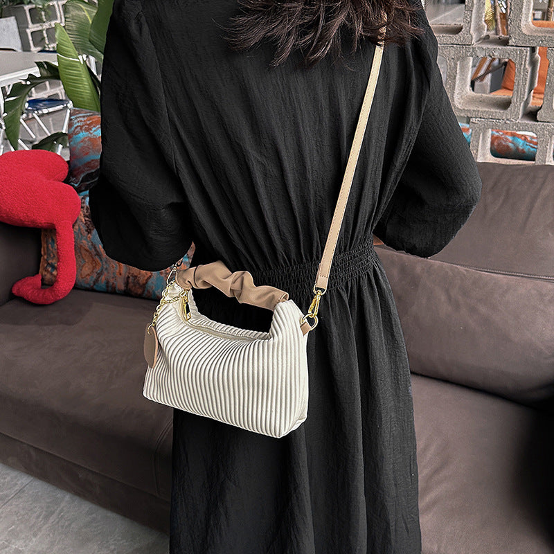 Pleated Faux-Leather Shoulder Bag – Women – Cream – worn