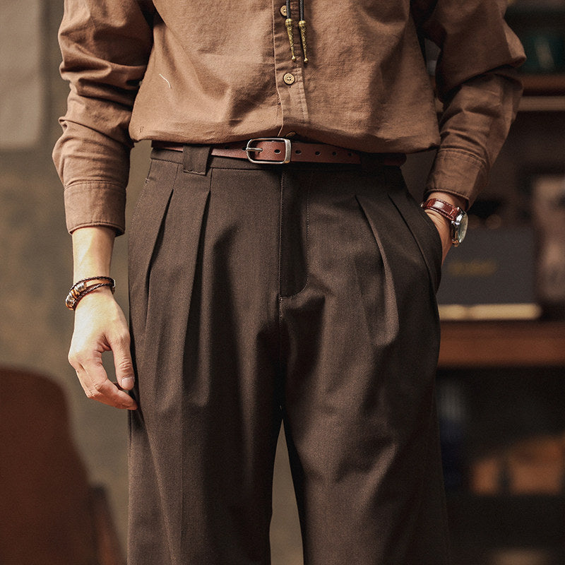High-Waist Double-Pleat Wide Trousers, 1930s Cut – Men – Chocolate – pleats