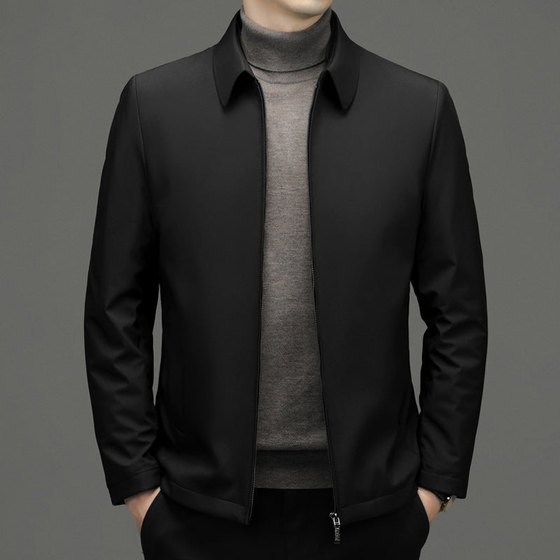 Duck Down Zip Jacket, Point Collar – Men – Black – worn, front