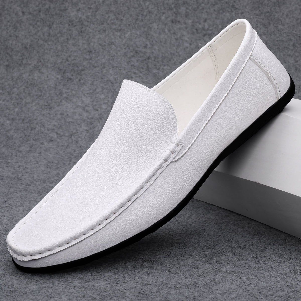 Leather-Look Driving Loafers – Men – White – side