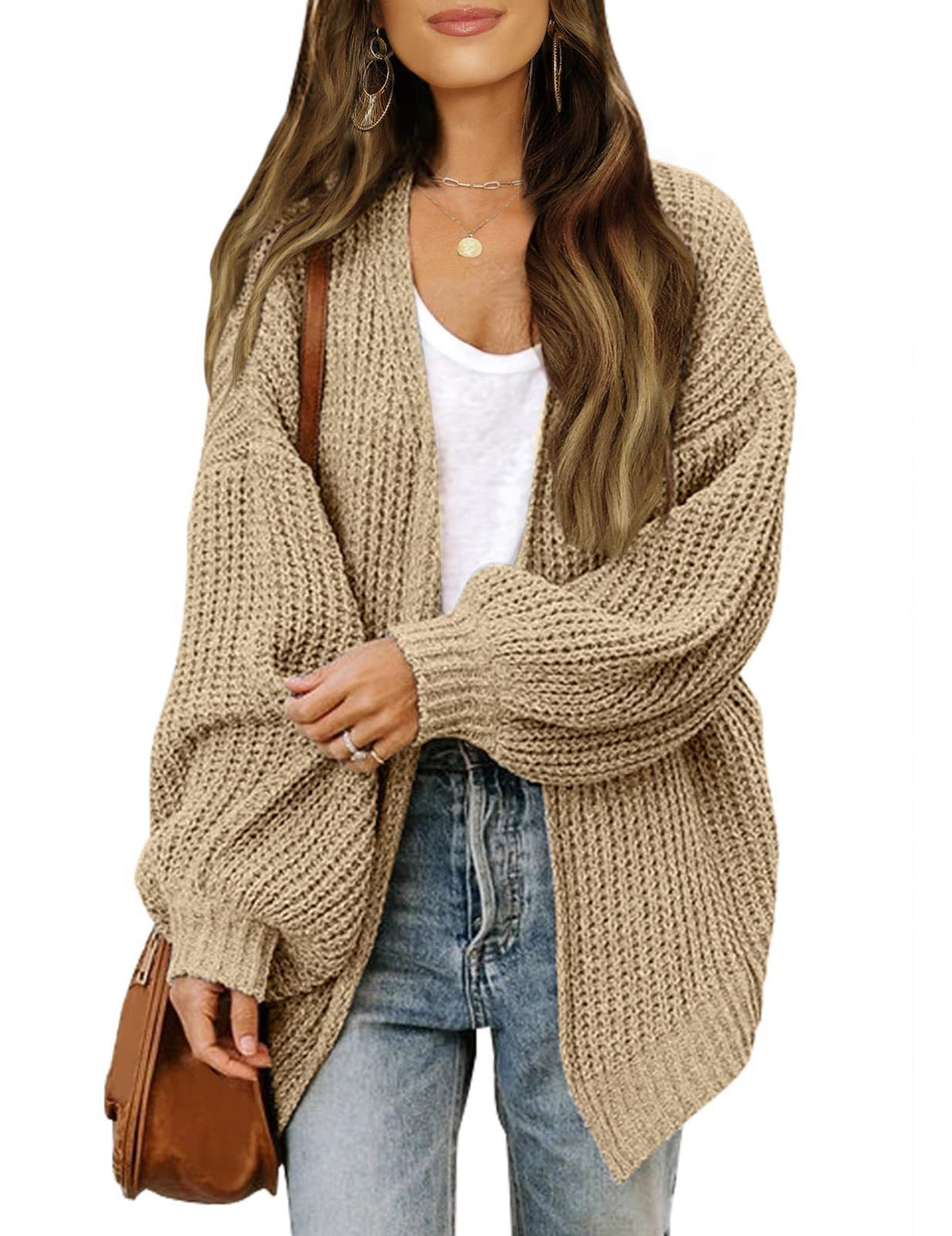 Chunky Knit Open Cardigan with Balloon Sleeves – Women – Camel – worn