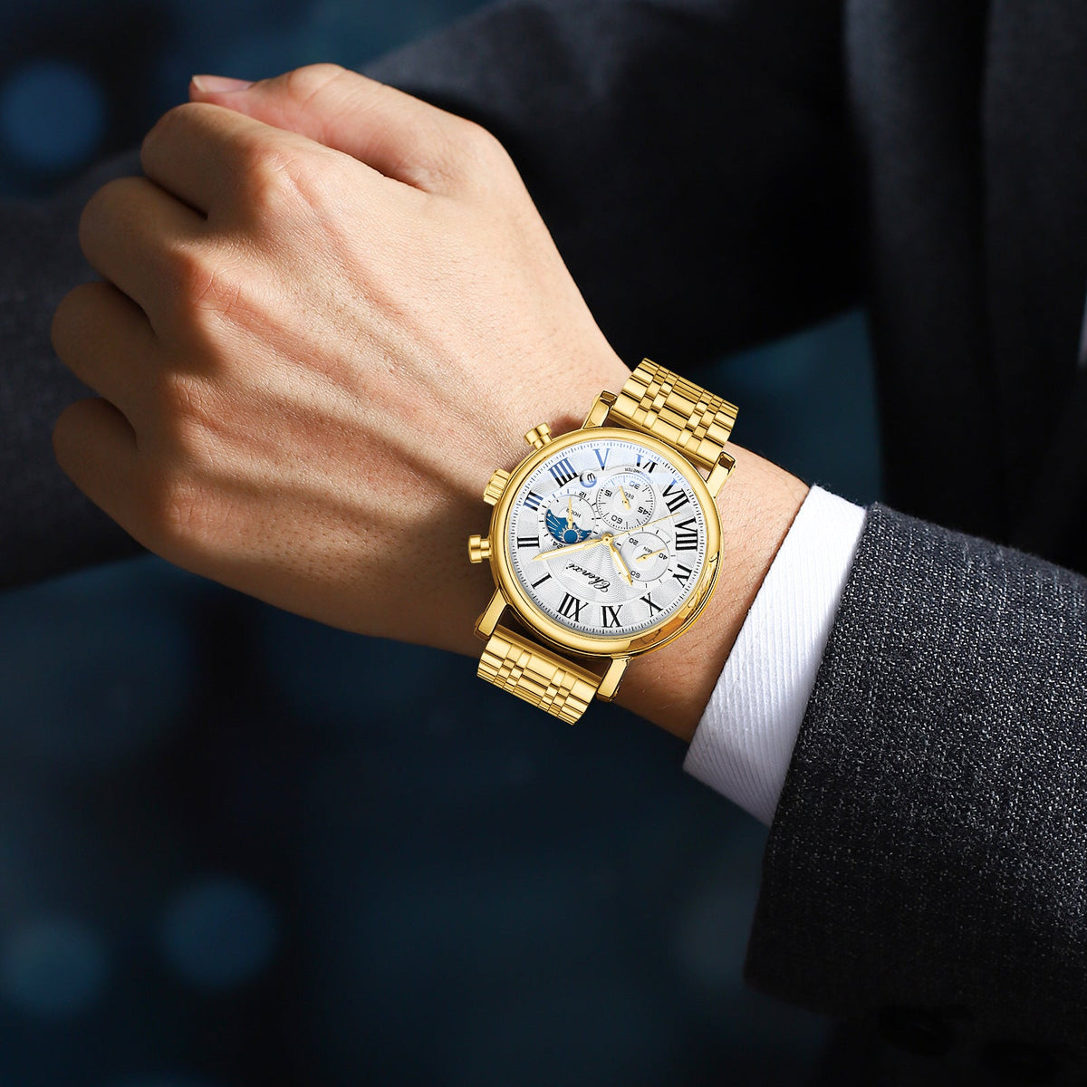 Roman Numeral Moon-Phase Watch – Men – Gold · White Dial · Gold Bracelet – worn