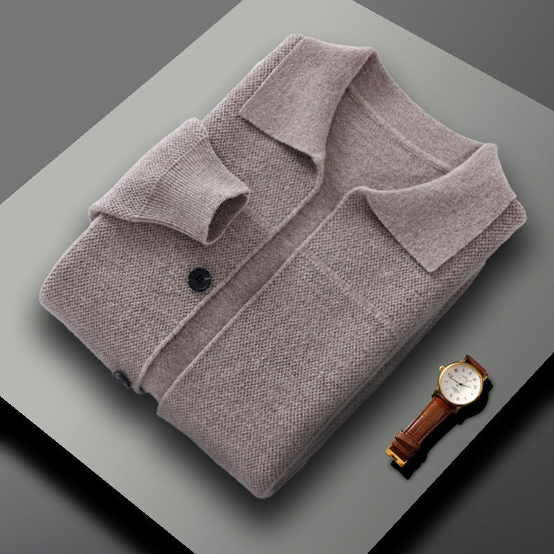 100% Wool Knit Shirt-Collar Cardigan – Men – Stone – folded