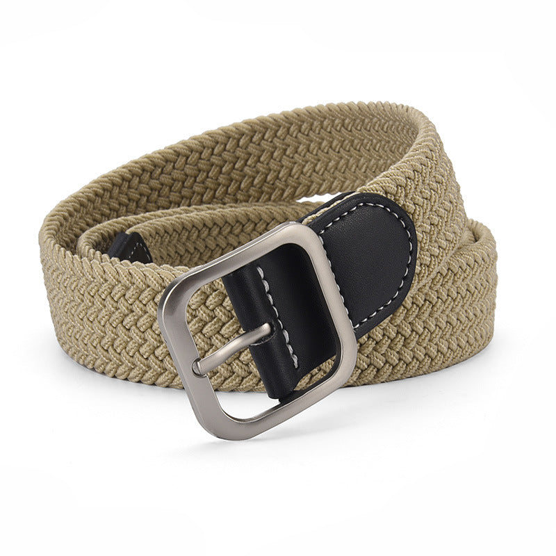 Woven Stretch Belt with Leather-Look Tab – Men – Stone · Black Tab – front