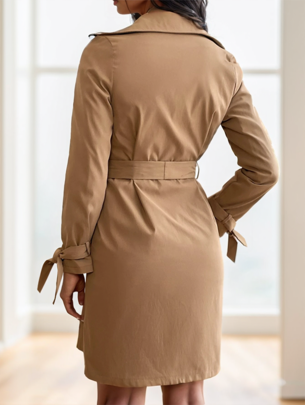 100% Polyester Belted Double-Breasted Trench Coat – Women – Camel – back