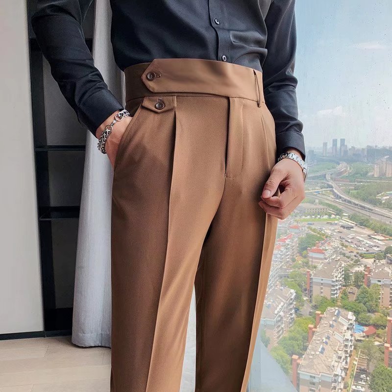 Pleated Trousers, Extended Tab Waist, Cropped Leg – Men – Camel – waist detail