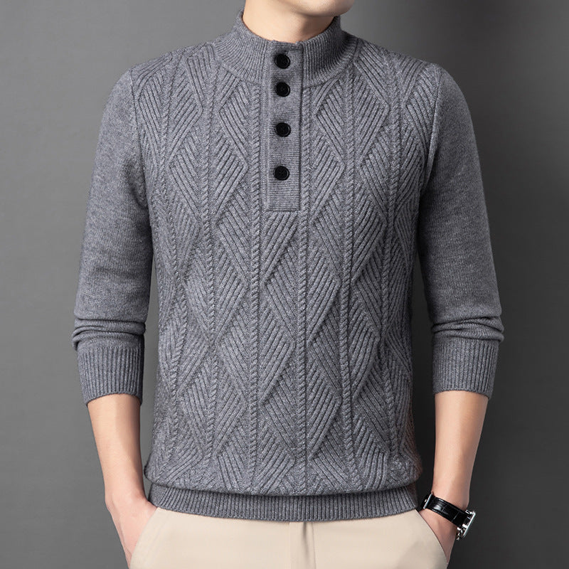 Diamond-Knit Button Stand-Collar Sweater – Men – Grey – worn