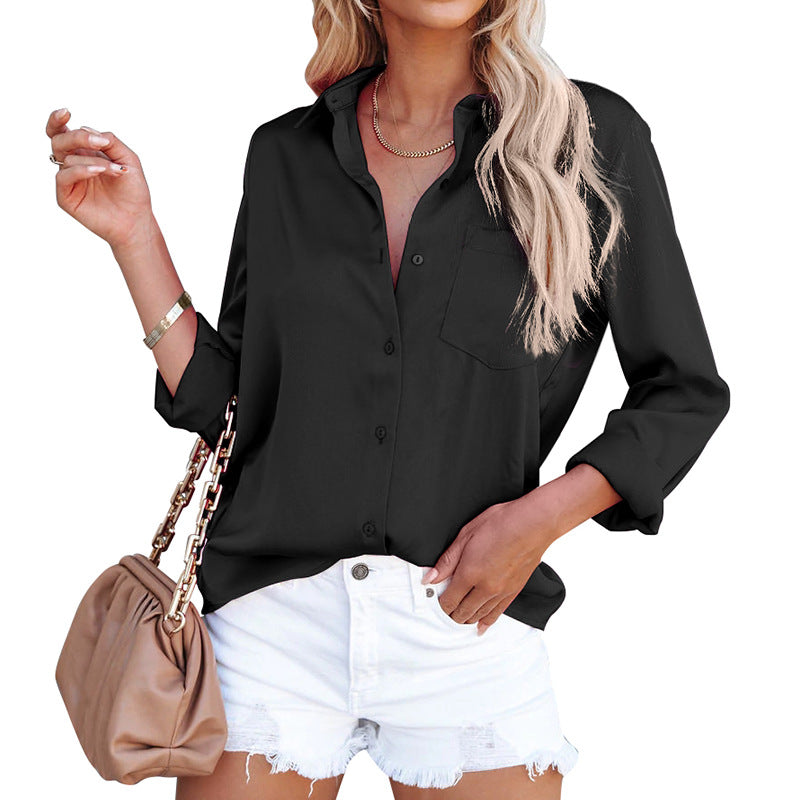 Satin Button-Up Shirt with Pocket – Women – Black – worn