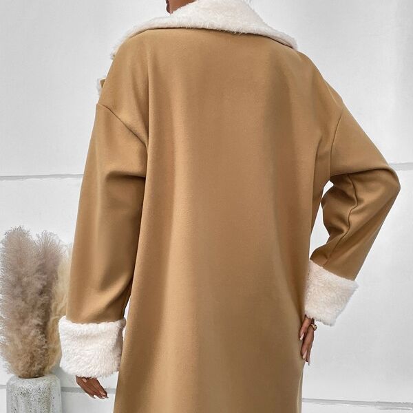 Double-Breasted Coat with Teddy Collar – Women – Camel – back
