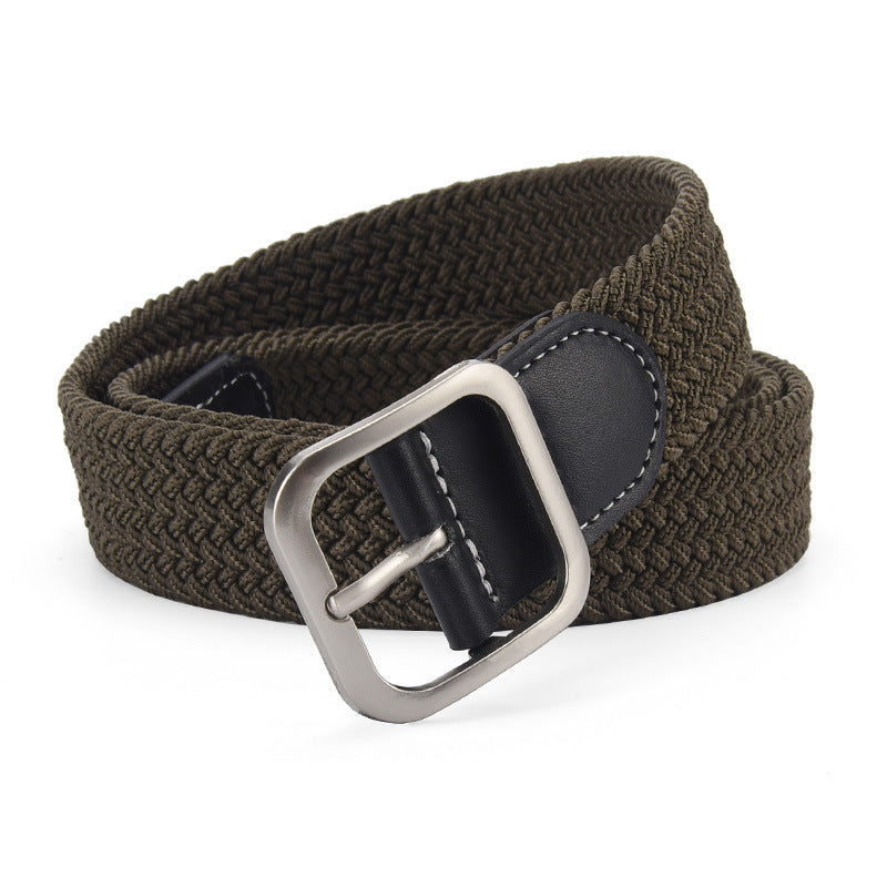 Woven Stretch Belt with Leather-Look Tab – Men – Olive · Black Tab – front