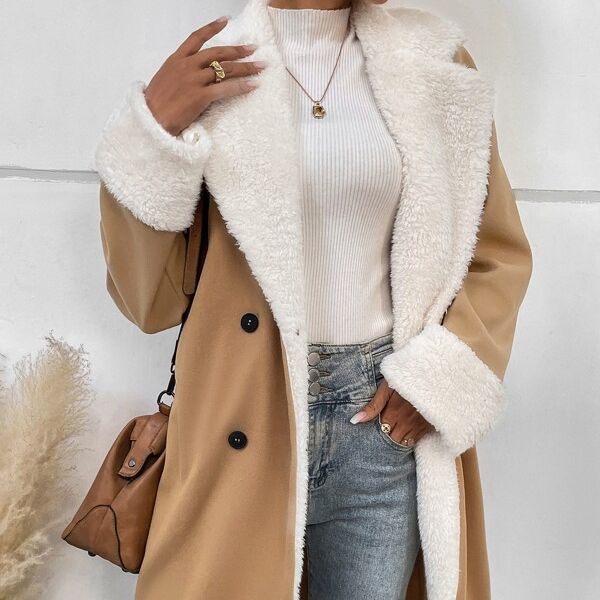 Double-Breasted Coat with Teddy Collar – Women – Camel – worn, side