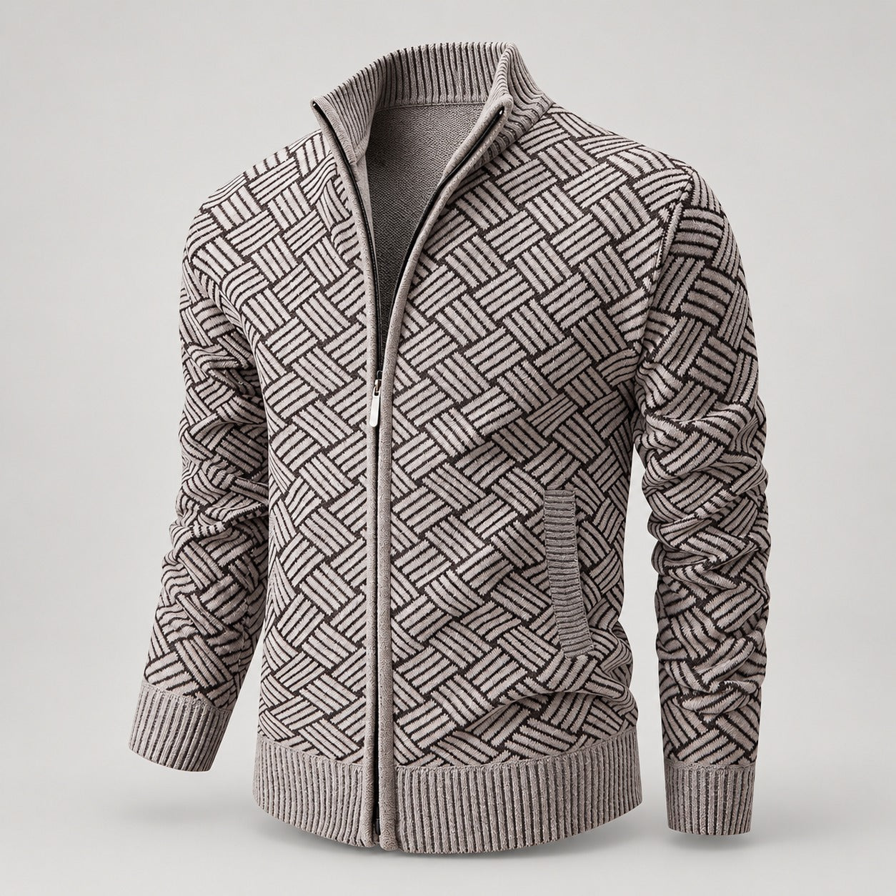 Fleece-Lined Basket-Weave Zip Cardigan – Men – Stone – front