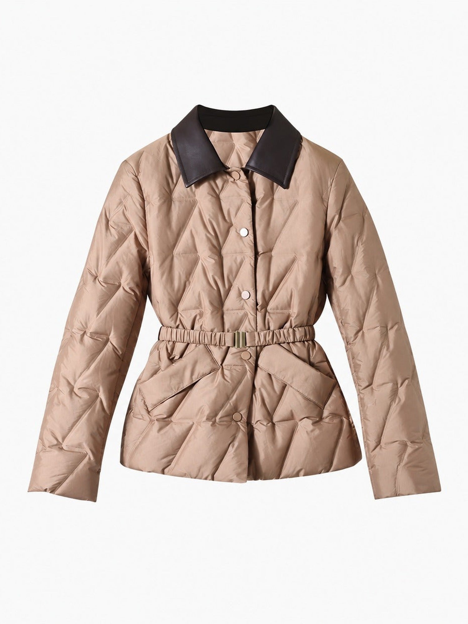 85% Goose Down Belted Shirt-Collar Jacket – Women – Beige – front