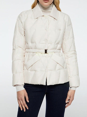 85% Goose Down Belted Shirt-Collar Jacket – Women – Cream – worn
