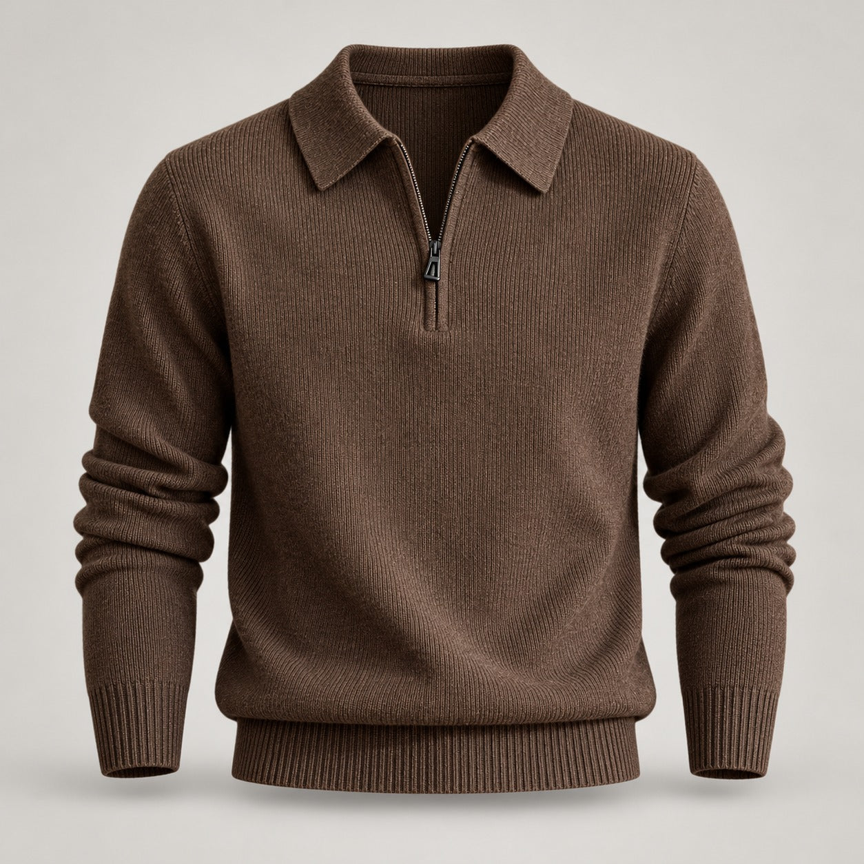 Half-Zip Knit Polo Sweater, Fine Rib – Men – Brown – worn, front